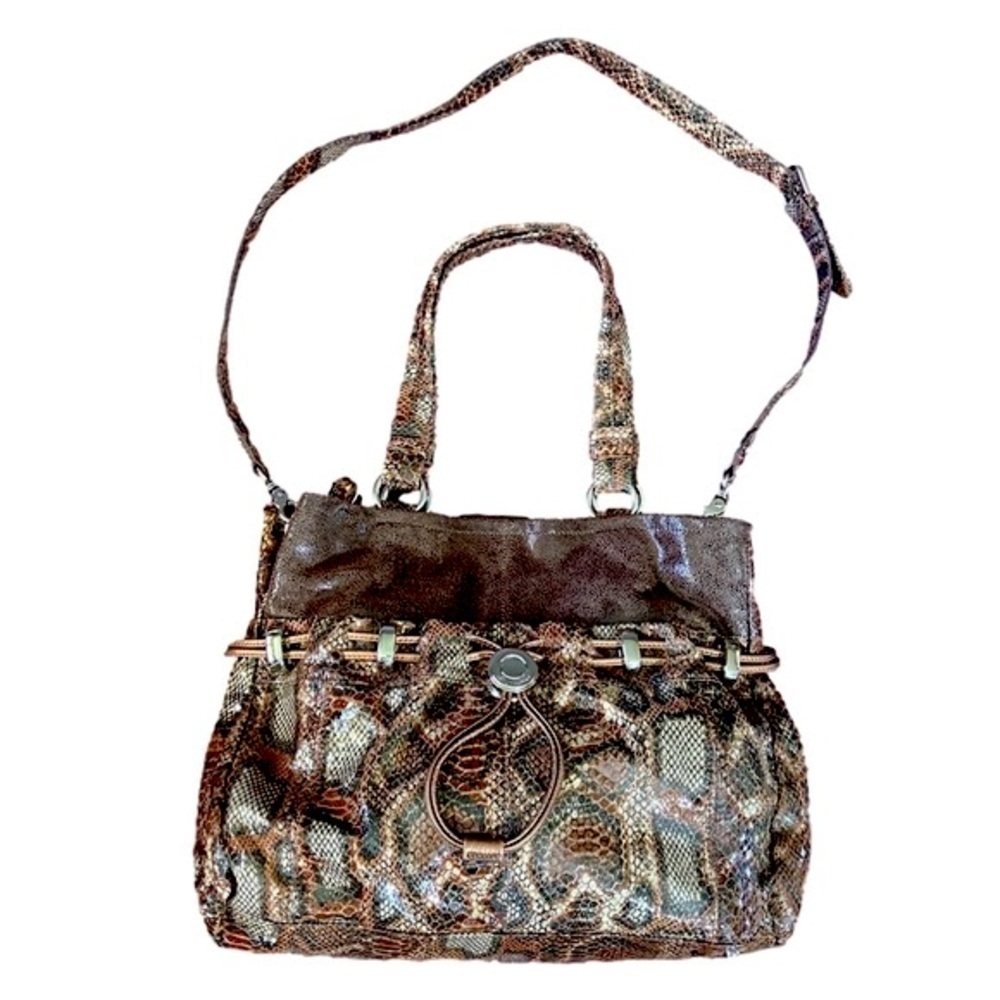 B. Makowsky shiny brown /black scale print leather crossbody purse /shoulder bag